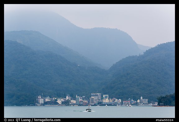 Itashao Village and mountains across lake. Sun Moon Lake, Taiwan (color)