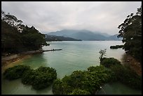 Cove with floating rafts on which plants are being grown. Sun Moon Lake, Taiwan (color)