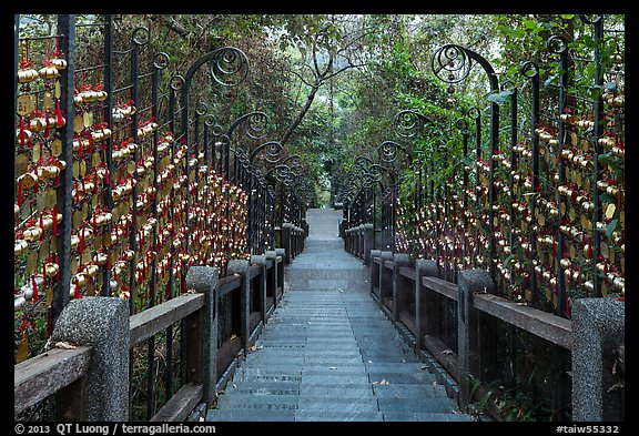 Stairs to temple lined up with blessing wind chimes. Sun Moon Lake, Taiwan (color)