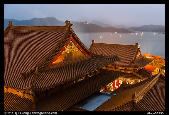 Wen Wu temple at dusk overlooking lake. Sun Moon Lake, Taiwan (color)