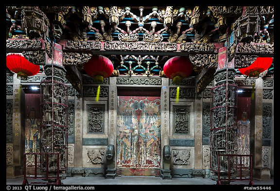 Facade of Matsu temple with closed doors at night. Lukang, Taiwan
