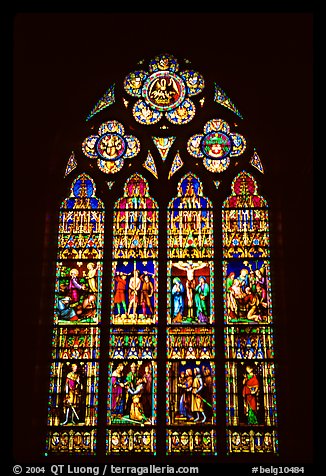 Glass stained window in the Basilica of Holy Blood. Bruges, Belgium