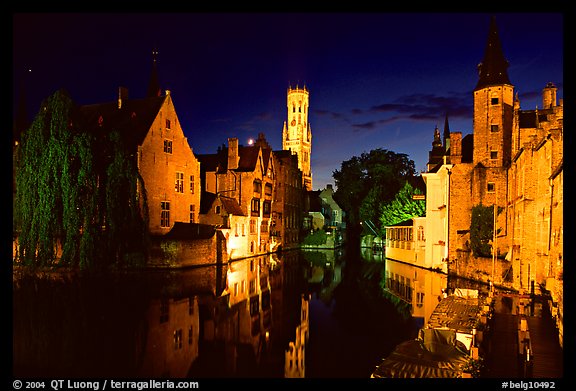 Old houses and beffroi Quai des Rosaires, night. Bruges, Belgium