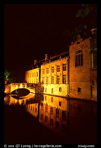 Houses and bridge reflected in canal at night. Bruges, Belgium