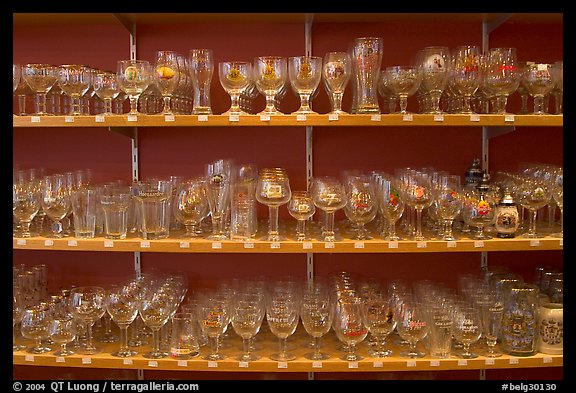 Large variety of glasses used to drink specific beers. Bruges, Belgium