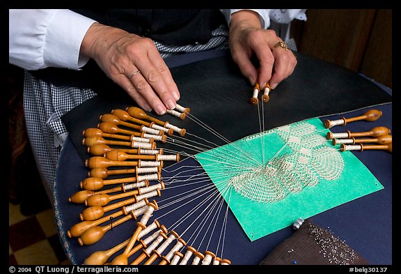 Lacemaker's hand at work. Bruges, Belgium (color)