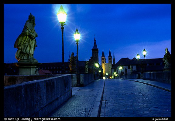 Alte Mainbrucke (bridge) at night. Wurzburg, Bavaria, Germany (color)