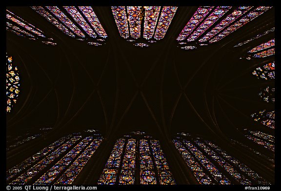 Ceiling and stained glass of Upper Holy Chapel. Paris, France (color)