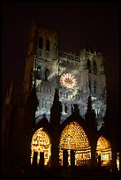 Cathedral facade illuminated at night, Amiens. France