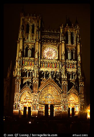 Cathedral facade laser-illuminated at night to recreate original colors, Amiens. France (color)