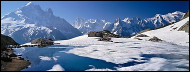 High mountain landscape with partly frozen lake and Mont-Blanc Range. France (Panoramic color)
