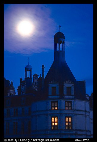 Detail of Chambord chateau with moon. Loire Valley, France (color)