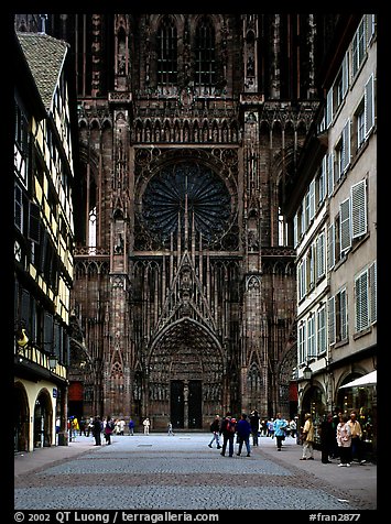 Facade of the Notre Dame cathedral seen from nearby street. Strasbourg, Alsace, France