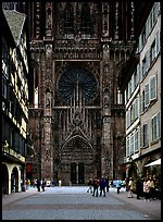 Facade of the Notre Dame cathedral seen from nearby street. Strasbourg, Alsace, France (color)
