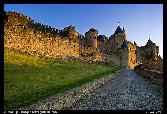 Path leading to old walled city. Carcassonne, France