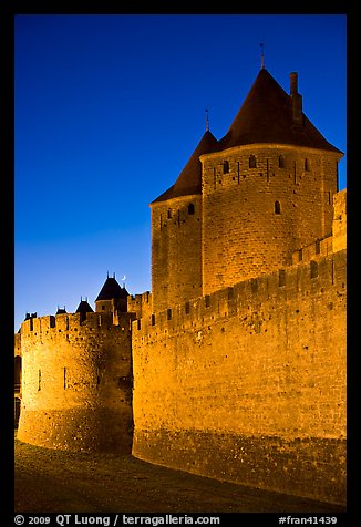 City fortifications by night. Carcassonne, France (color)