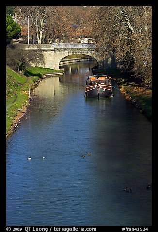 Ducks, barge and bridge, Canal du Midi. Carcassonne, France (color)
