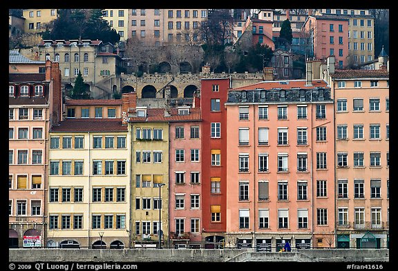 Painted houses on banks of the Saone River. Lyon, France