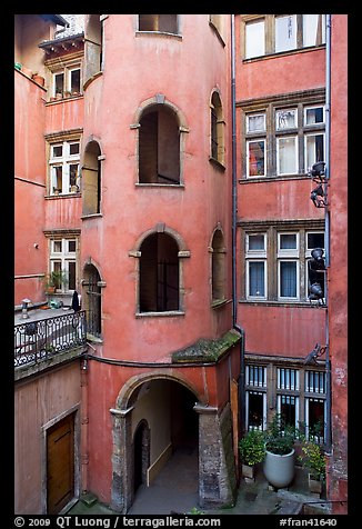 Base of the Tour Rose with traboule passageway. Lyon, France (color)