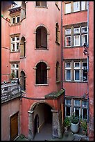 Base of the Tour Rose with traboule passageway. Lyon, France (color)