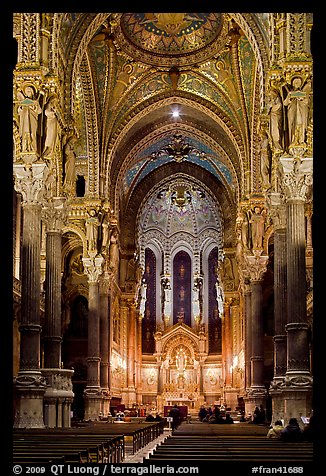 Inside Notre-Dame de Fourviere Basilique, decorated with frescos. Lyon, France