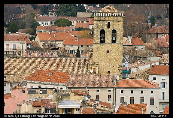 Red tile rooftops and church tower, Orange. Provence, France
