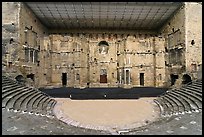 Tiered seats, orchestra, stage, and stage roof, Roman theater. Provence, France (color)