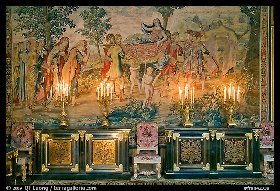 Furniture, lights, and tapestry, Chateau de Fontainebleau. France (color)