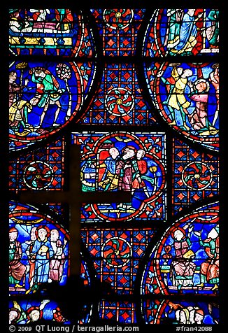 Stained glass window close-up, Cathedral of Our Lady of Chartres. France