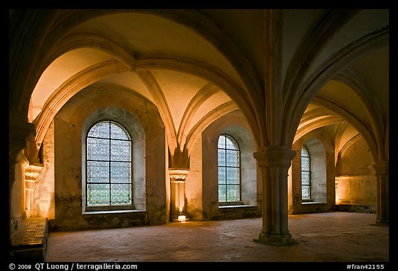 Rib-vaults, monks room, Cistercian Abbey of Fontenay. Burgundy, France (color)