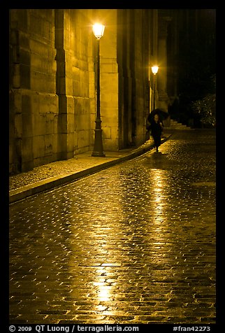 Street lamps reflected in wet pavement, with woman walking. Paris, France (color)