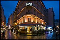 Hotel and pedestrian streets at night. Quartier Latin, Paris, France (color)