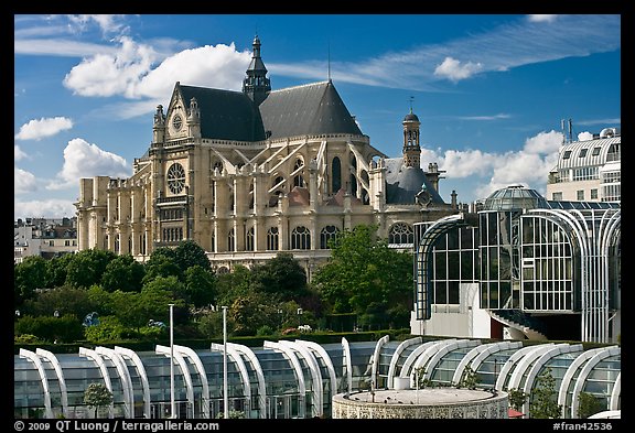 New and old architecture of Forum des Halles and  Saint-Eustache. Paris, France (color)