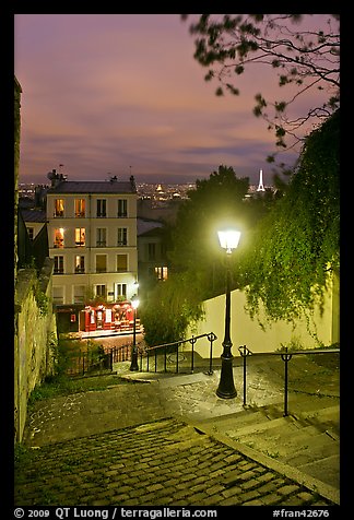 Hillside stairs, street lights, and Eiffel Tower in the distance, Montmartre. Paris, France