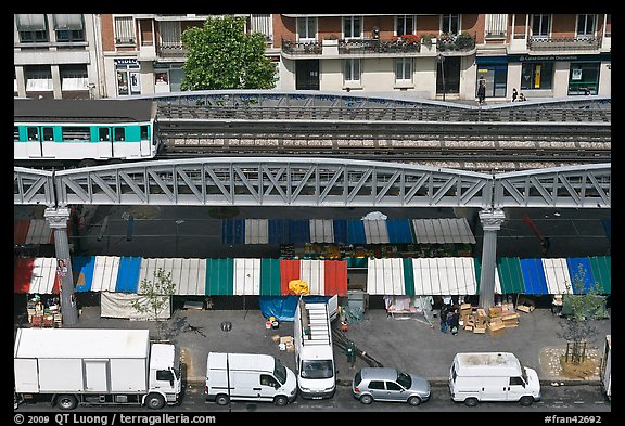 Aerial portion of metro from above, with public market stalls below. Paris, France