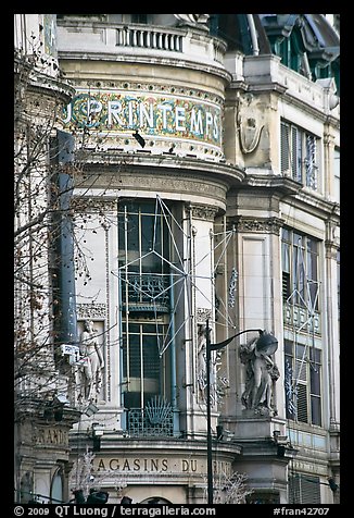 Facade detail of Printemps department store. Paris, France