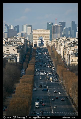 Champs-Elysees, Arc de Triomphe, and La Defense, from Ferris Wheel. Paris, France (color)