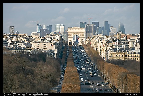 Aerial view of Champs-Elysees, Arc de Triomphe, and La Defense. Paris, France (color)