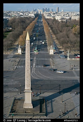 Place de la Concorde Obelisk and Champs-Elysees, seen from above. Paris, France (color)