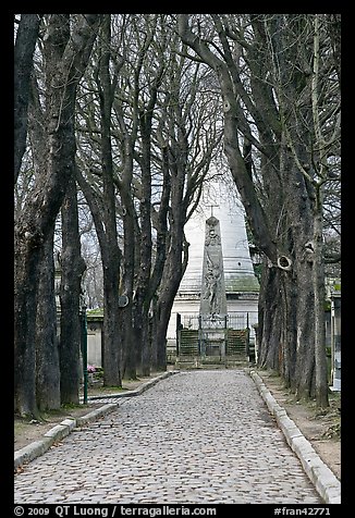 Trees and memorial, Pere Lachaise cemetery. Paris, France (color)