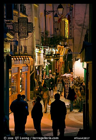 Pedestrian street with restaurants at night. Quartier Latin, Paris, France (color)