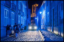 Blue lights in the streets and Saint-Etienne Cathedral. Bourges, Berry, France ( color)