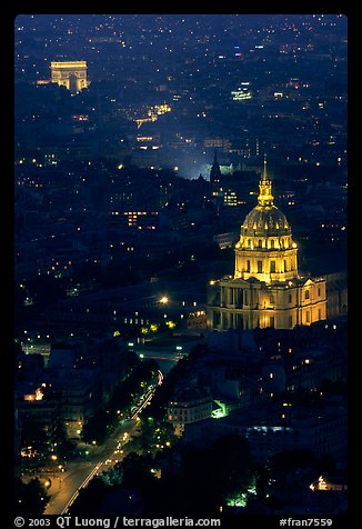 Arc de Triomphe and Invalides seen from the Montparnasse Tower by night. Paris, France (color)