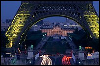 Ecole Militaire (Military Academy) seen through Tour Eiffel  at dusk. Paris, France ( color)