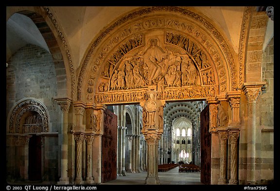 Sculpted doors and typhanum inside the Romanesque church of Vezelay. Burgundy, France (color)