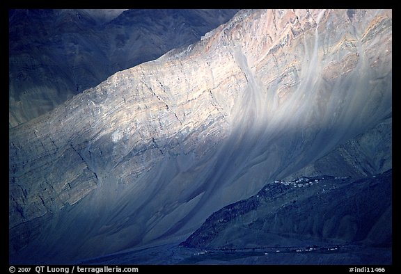 Stongdey Monastary dwarfed by huge cliffs, Zanskar, Jammu and Kashmir. India