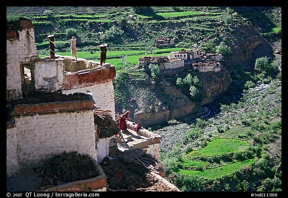Gompa with monk on balcony overlooking verdant village, Zanskar, Jammu and Kashmir. India