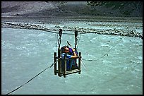 Trekker crossing a river by cable, Zanskar, Jammu and Kashmir. India