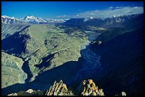 Braided river and mountain range seen from high pass, Himachal Pradesh. India