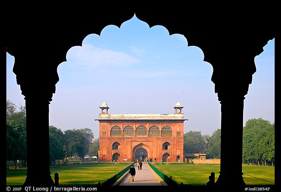 Naubat Khana seen through arches of Diwan-i-Am, Red Fort. New Delhi, India (color)